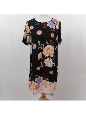 Daniel Rainn Black Floral Short Sleeve Shift Dress with Peach Border